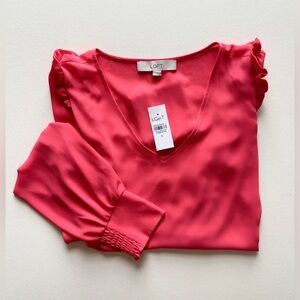 NWT LOFT Ruffle V Neck Long Sleeve Blouse, Small